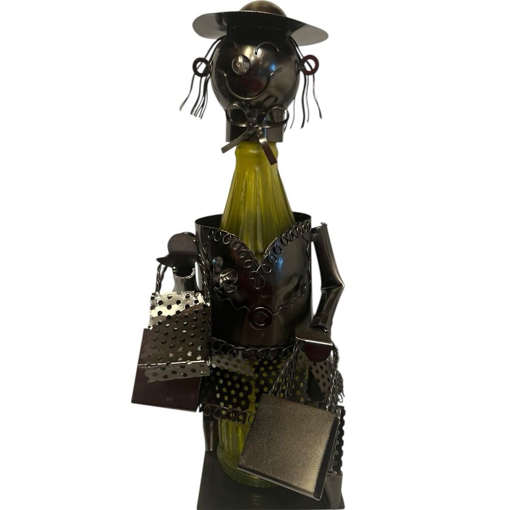 Wine Bottle Holder Metal Woman Shopping Bags Bar Cart Decor Display Rare Gift
